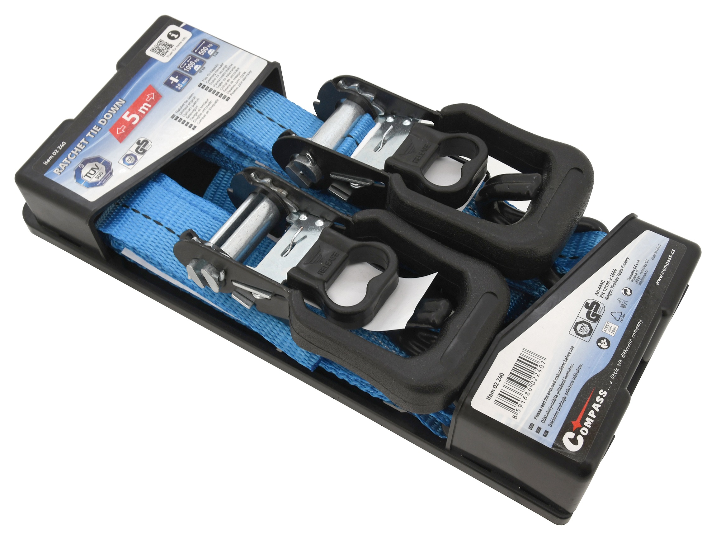 Popruh s ráčnou a 2 háky Compass - 4,9 m TÜV