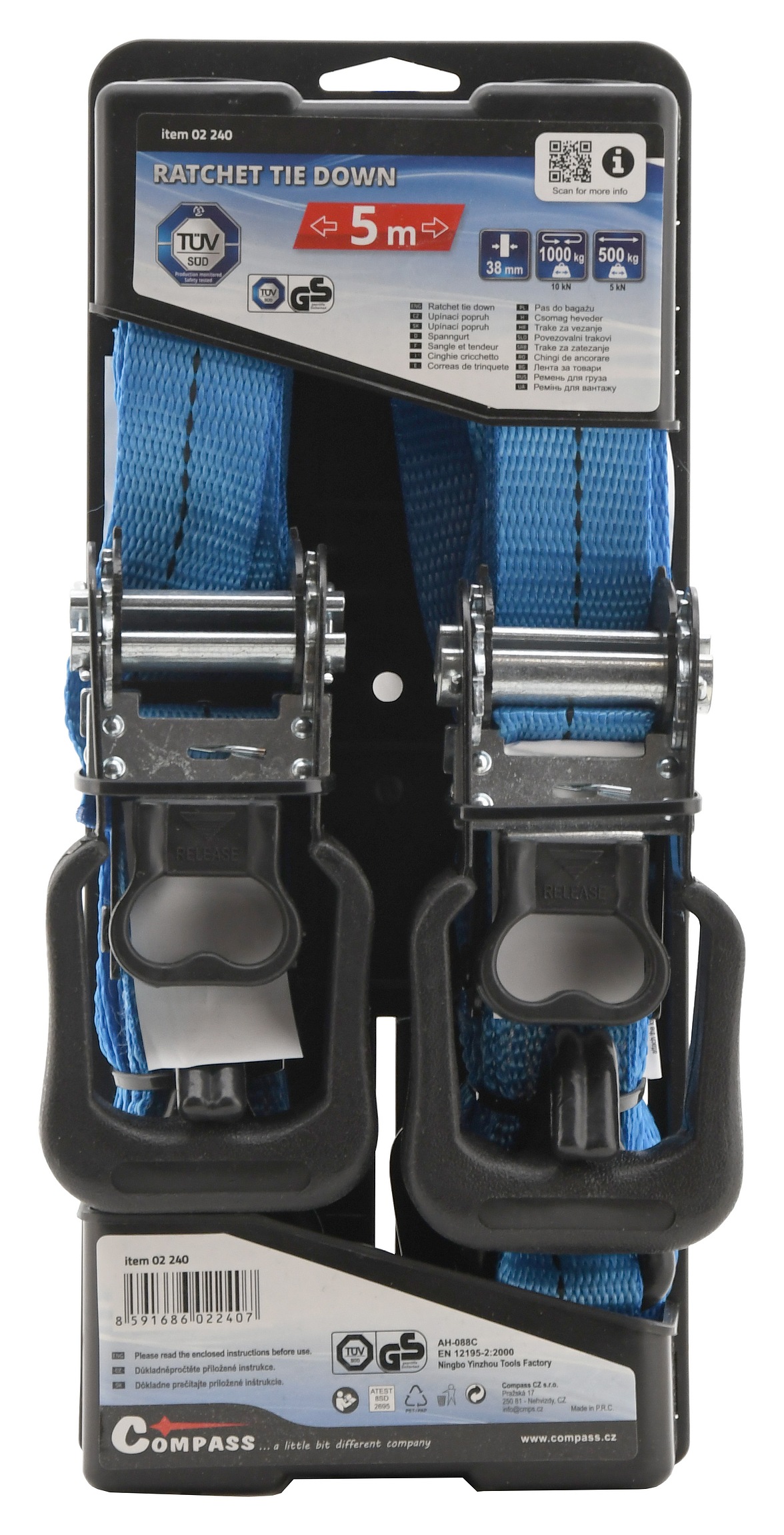 Popruh s ráčnou a 2 háky Compass - 4,9 m TÜV